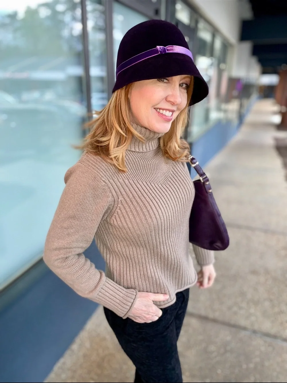 Purple Felt Cloche Hat with Satin Band-LIKE NEW